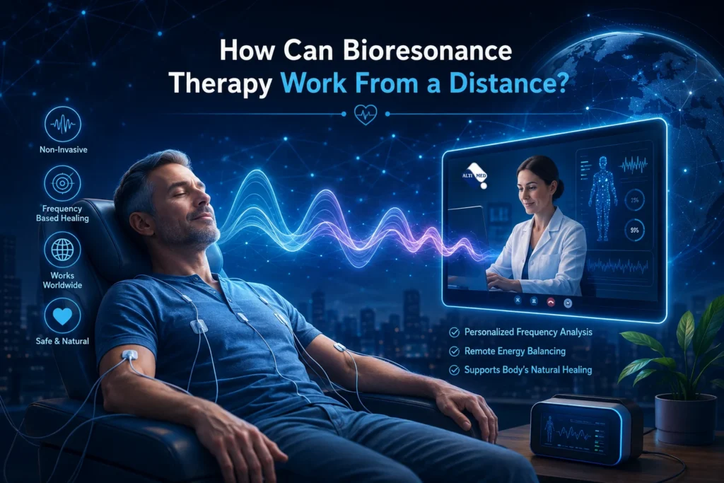 Illustration showing bioresonance therapy working from a distance with a practitioner using frequency technology, a patient at home, and energy waves connecting them for remote wellness support.