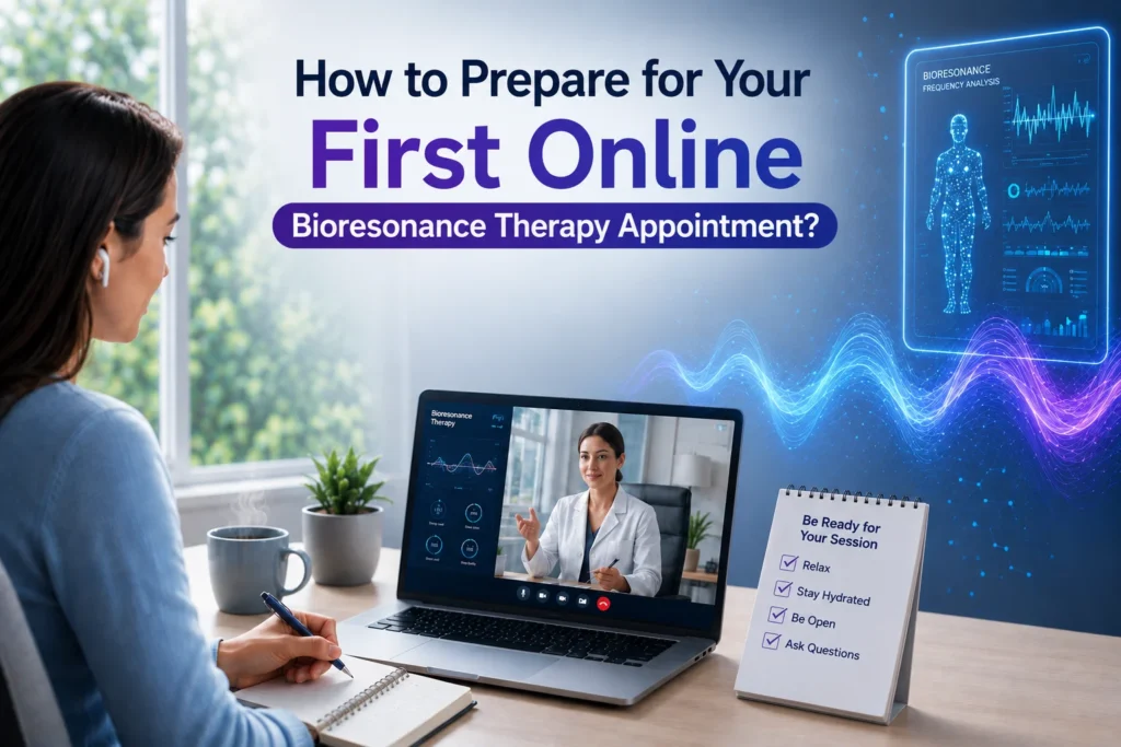 Illustration of Online Bioresonance Therapy showing a human body, DNA graphics, frequency waves, and preparation essentials including a hair sample, wellness questionnaire, water, online consultation, and health report.