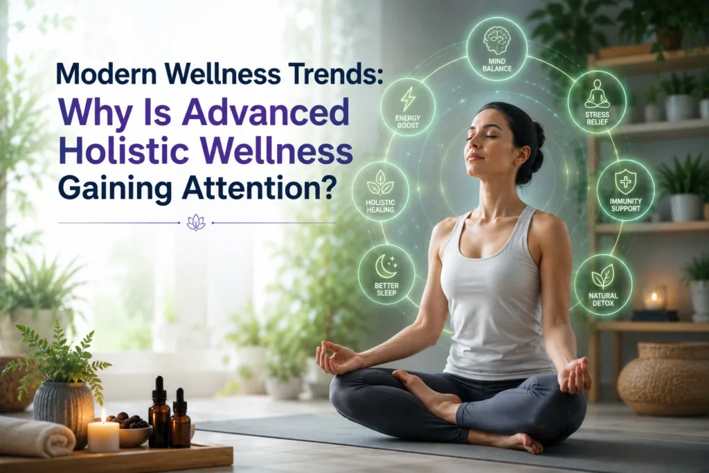 Illustration of Holistic Wellness featuring a human body, DNA strands, frequency waves, and wellness icons representing nutrition, mental health, quality sleep, physical activity, preventive healthcare, personalized wellness, and environmental well-being.