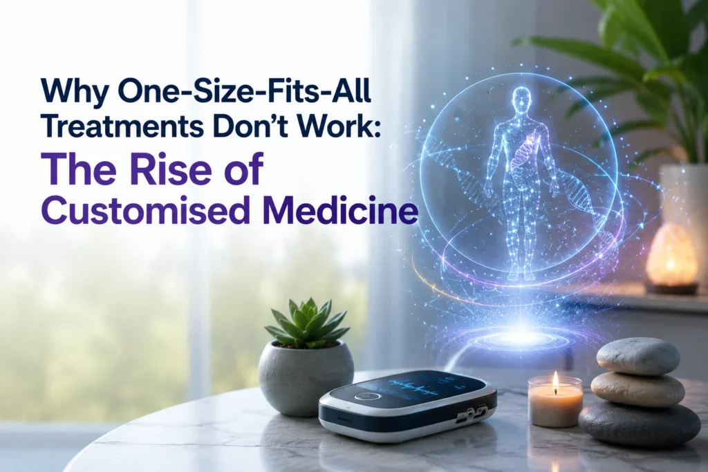 Personalized Medicine concept showing a digital human body with DNA visualization representing customized healthcare and precision treatment.