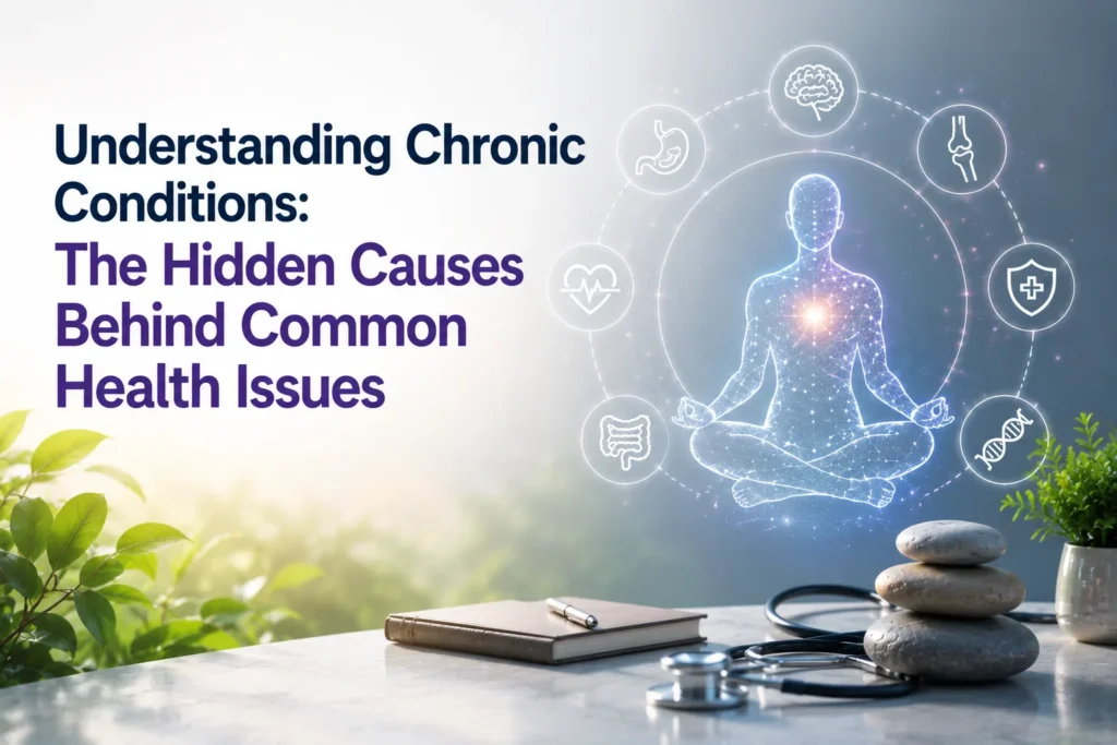 Chronic Conditions illustration showing a human body with health icons representing the hidden causes of long-term health issues, including stress, genetics, digestion, immunity, and overall wellness.