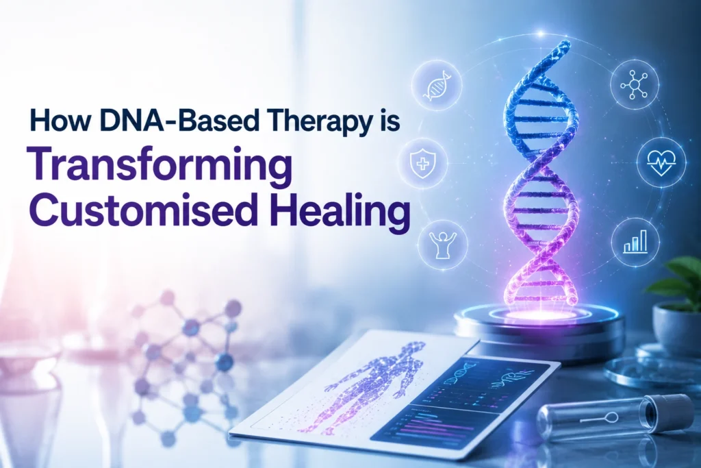 DNA-Based Therapy illustration showing a digital DNA helix with genetic analysis and personalized healthcare icons representing customized healing and precision medicine.
