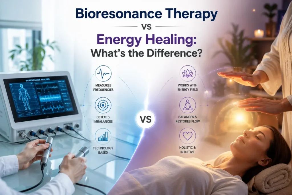 Comparison of Bioresonance Therapy vs Energy Healing, showing bioresonance frequency analysis equipment on one side and an energy healing session on the other, highlighting the differences between technology-based and holistic wellness approaches.