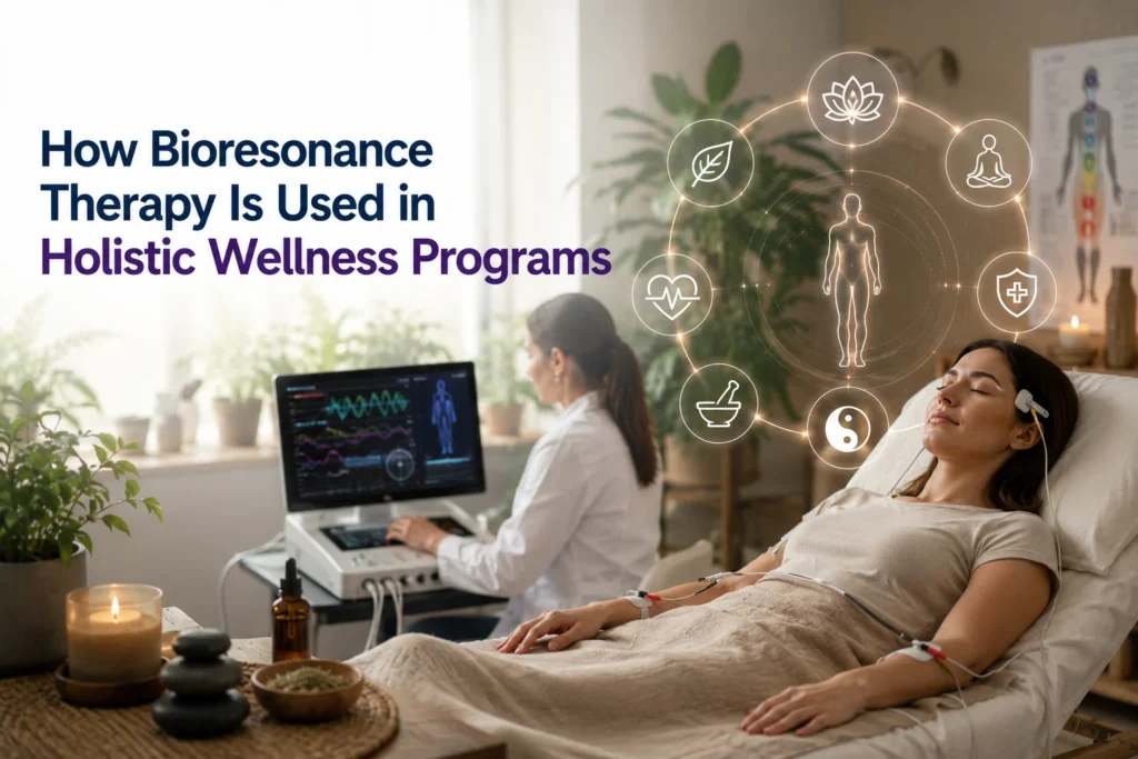 Bioresonance therapy session in a holistic wellness clinic, with a practitioner using frequency-analysis equipment while a relaxed patient receives treatment. Wellness icons representing mindfulness, natural healing, heart health, energy balance, and holistic care surround the scene.