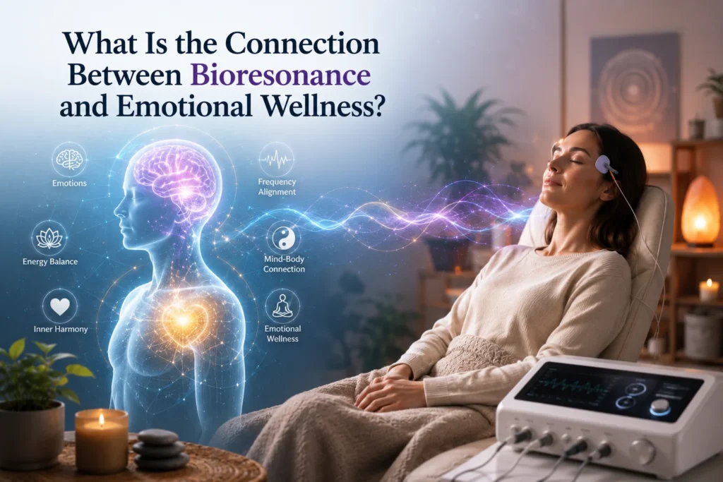 Bioresonance therapy session promoting Emotional Wellness, featuring a relaxed patient connected to frequency-analysis equipment alongside a visual representation of the mind-body connection, energy balance, and inner harmony.