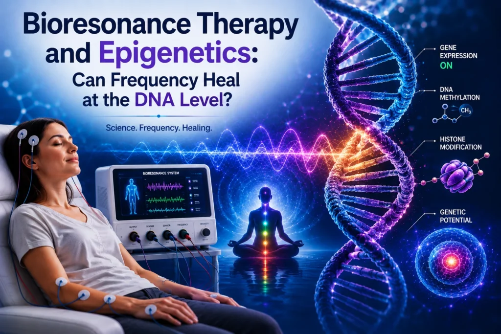 Bioresonance Therapy and Epigenetics concept showing a patient receiving frequency-based therapy alongside DNA, gene expression, and epigenetic modification visuals.