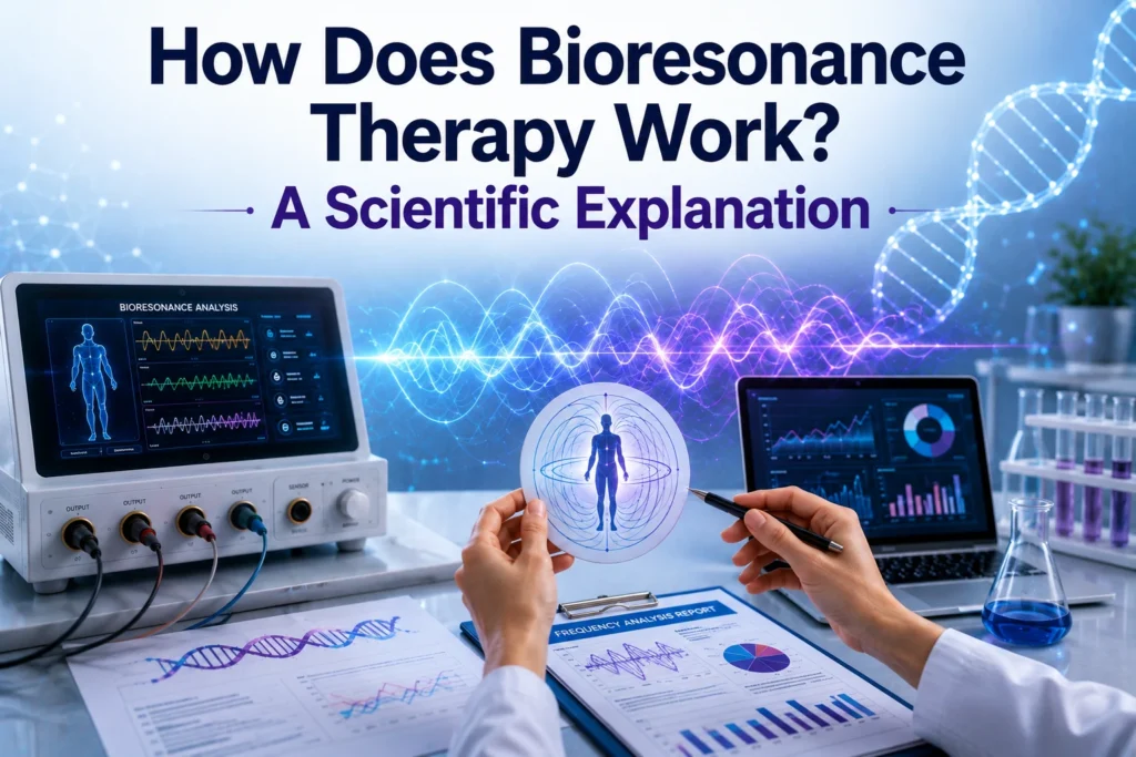 Bioresonance Therapy analysis showing frequency waves, bioresonance equipment, human body energy patterns, and scientific data charts.