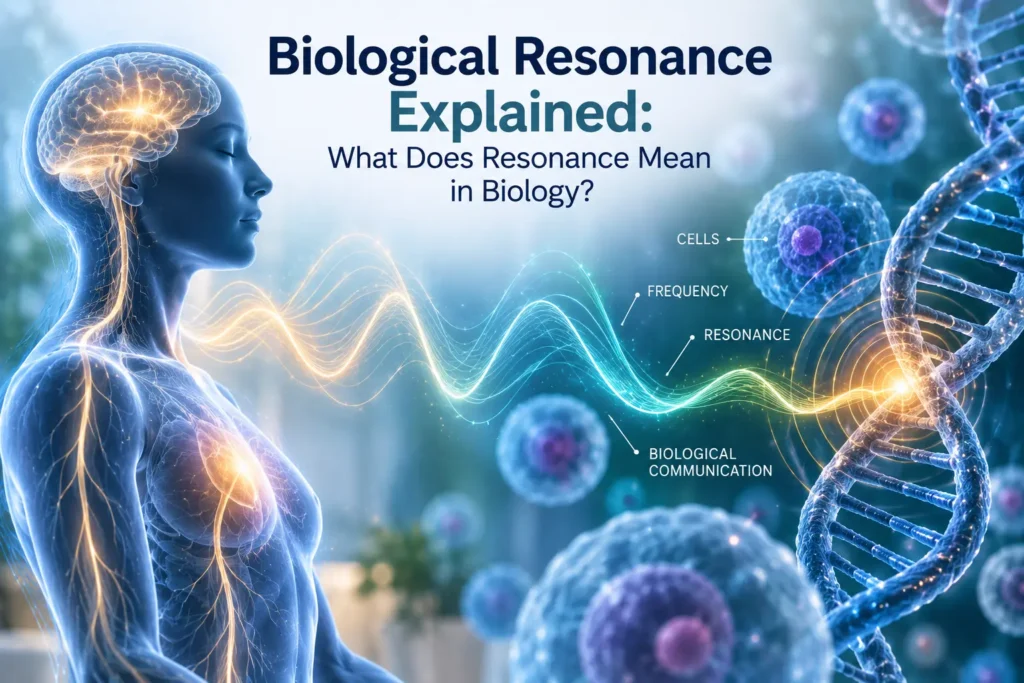 Biological Resonance concept showing human biology, cells, DNA, frequency, and biological communication